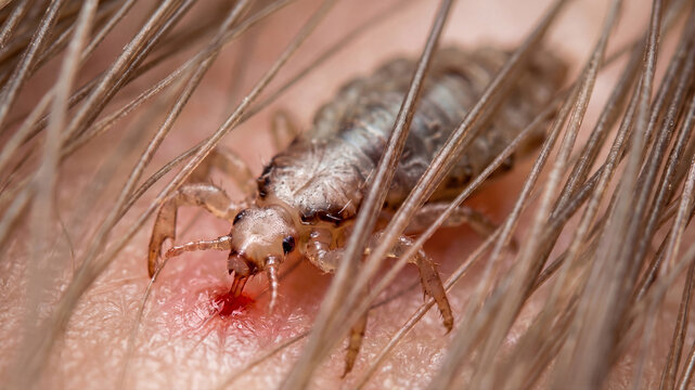 A head louse feeding on human scalp skin