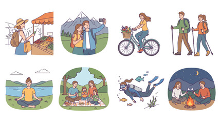 Fototapeta premium This illustration captures various outdoor activities promoting well-being, including biking, hiking, and family picnics, highlighting the importance of nature in our lives.