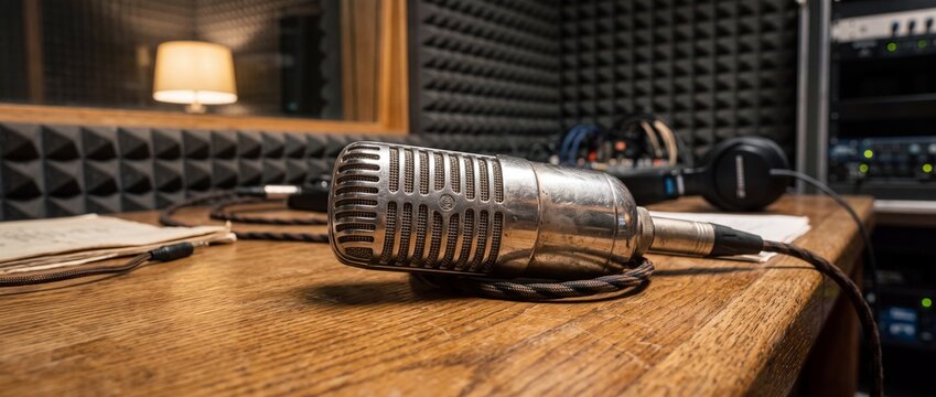 Vintage silver dynamic microphone rests on wooden desk in soundproof radio booth for voice recording and broadcasting professional audio