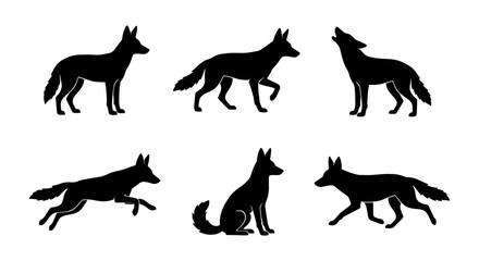Obraz premium Coyote Silhouette Set, Wild Canine Animal Poses, Howling Wolf-like Creature Vector Icons, Nature Wildlife Graphics, Black and White Animal Collection