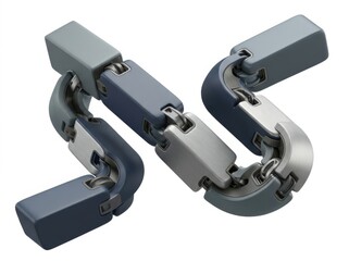 Obraz premium Flexible articulated chain made of blue and silver rectangular segments connected by hinges isolated on a plain white background
