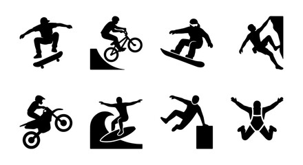 Fototapeta premium Extreme Sports Icons Set: Skateboarder, BMX Rider, Snowboarder, Climber, Motocross, Surfer, Parkour, Skydiver Silhouettes for Action and Adventure Graphics