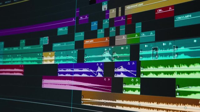 Close-up view of a professional video editing workflow on a computer monitor. The editor works with video footage, timeline editing, cutting, color correction and color grading.