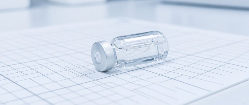 Empty glass medical vial with silver cap resting on white graph paper for pharmaceutical research laboratory testing and drug development