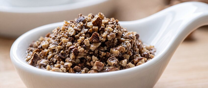 Finely crushed walnut shell powder piled in white ceramic spoon for natural facial exfoliant skincare cosmetic ingredient formulation