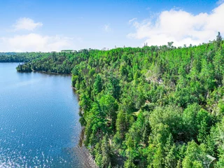 Fotobehang Olijf Scenic aerial view of a dense green forest coastline bordering a pristine blue lake under a bright cloudy sky with blue water summer landscape pine trees wilderness area landscape wilderness  © SMHT ART WORKS