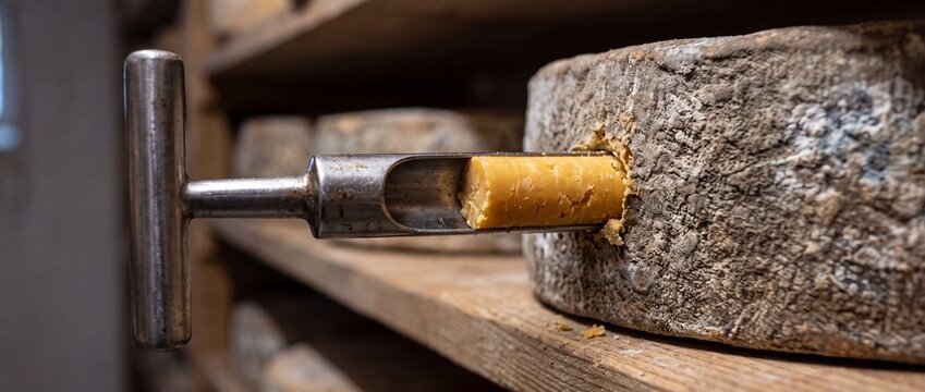 Artisanal cheese trier tool extracting sample core from large aged wheel to check quality and maturity in traditional maturation cellar
