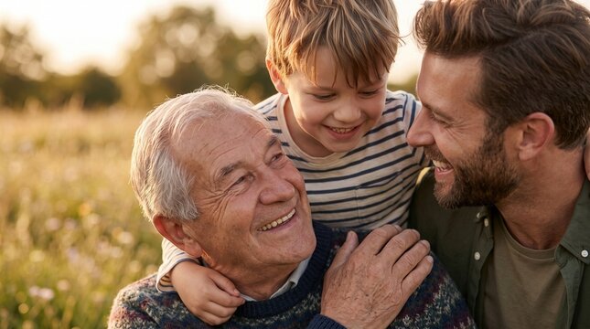 Three generations of men smiling together