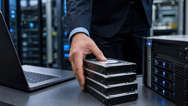 IT technician is organizing stack of hard drives in a server room with a laptop and various network hardware in the background.