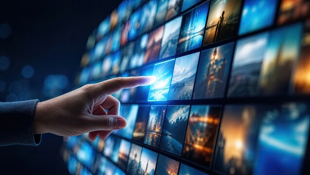 Human hand touching glowing digital interface display featuring grid of various media thumbnails symbolizes interactive content selection and streaming tech.