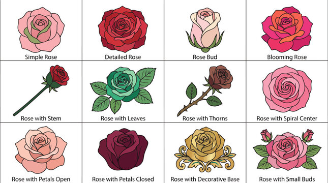 This image displays a collection of exquisite rose illustrations, showcasing various types of roses with unique features, ideal for floral design and decoration.