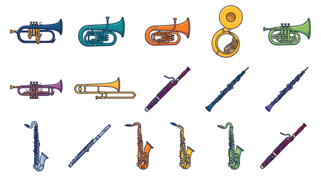 This image showcases a variety of colorful brass and woodwind instruments, creatively displayed to represent the joy and diversity of music in vibrant colors.