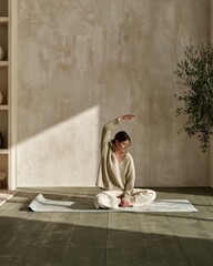 Fototapeta premium Woman stretching on a yoga mat in a quiet living room with muted tones and soft daylight, perfect for mindfulness and home wellness campaigns