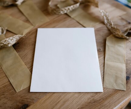 Blank white endpaper mockup on a warm raw oak surface, surrounded by ochre paper bookmarks and woven ribbons for a reading culture brand