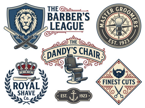 A compilation of vintage barbershop logos and badge designs that exude nostalgia, capturing the essence of traditional grooming and barbering for men.