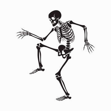 Vintage dancing skeleton vector, spooky black human bones illustration, retro Halloween skull character for party posters and apparel