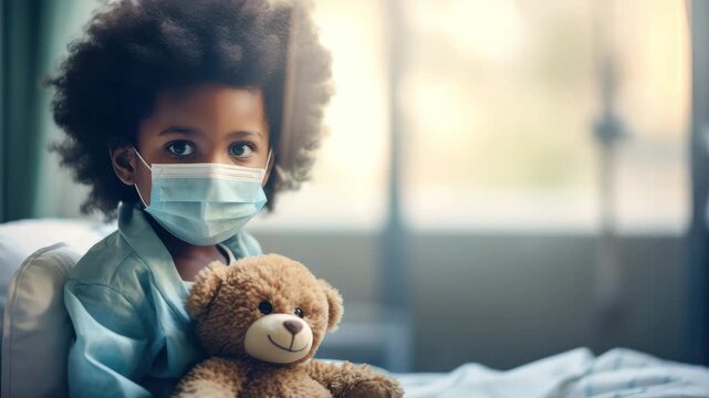child with medical face mask and teddy bear in hospital animation