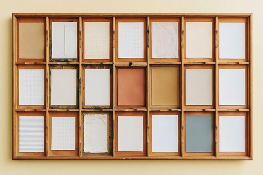 Wooden printers type case holding diverse blank paper samples, featuring tactile textures and weathered dividers for a print studio mockup