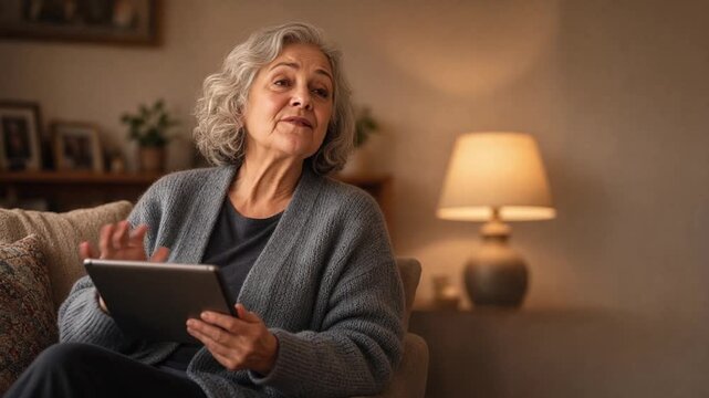 Mature woman laughing while using tablet at home
