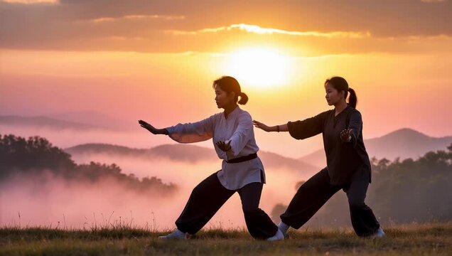 People doing activity ancient Chinese martial art tai chi sport in park sunset outdoor AI Generative