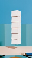Naklejka premium Floating column of blank paper ballots hovering over a folding table, featuring a surreal matte texture for civic education and election process mockups
