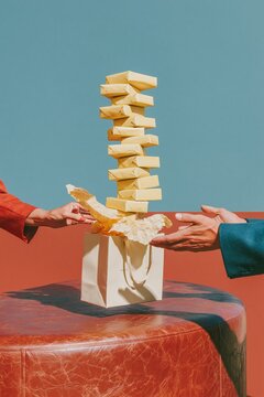Floating column of wrapped parcels rising from a gift bag, featuring a surreal anti-gravity effect for corporate gifting and luxury delivery