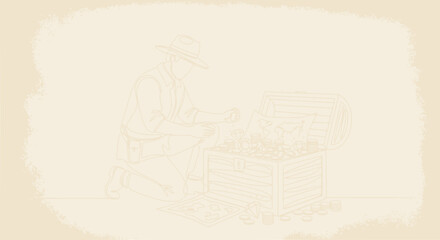 Adventurer finds treasure chest filled with gold coins and map, isolated illustration © Untung