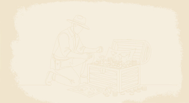 Adventurer finds treasure chest filled with gold coins and map, isolated illustration