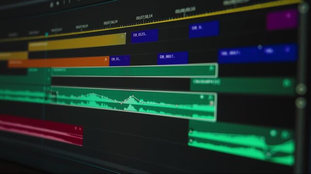 Close-up view of a professional video editing workflow on a computer monitor. The editor works with video footage, timeline editing, cutting, color correction and color grading.