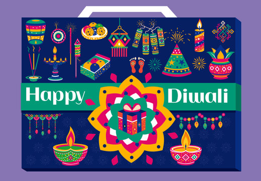 Diwali festival flat modern elements illustration and icon. color full vector fireworks. Diwali gift packaging graphic and web design templates or deepavali firecrackers, diwali crackers flat vector