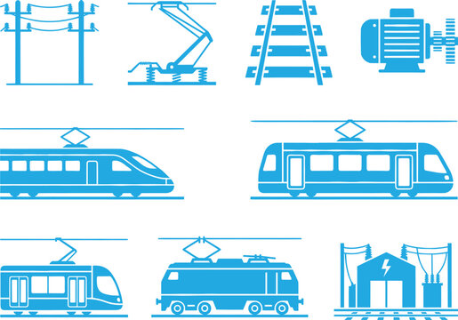 Electric railway system icons showing trains, infrastructure, and power equipment in blue vector style