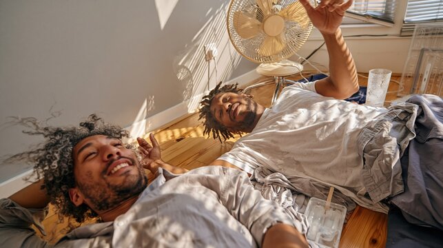 Electric fan blowing air on two men lying on a wooden floor, an unposed and humid scene with condensation for home comfort and heat exhaustion