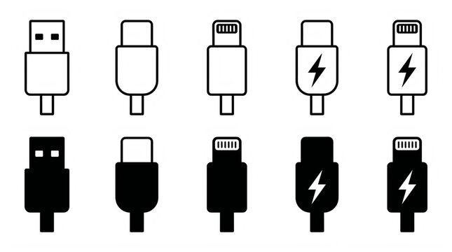 USB cable charging port icon set, black and outline vector symbols for technology, electronics and hardware devices, universal shapes collection