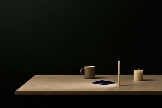 Beam of light from a flashlight resting on a table edge, glowing brightly in a dark room with a mug and candle for power outage concepts