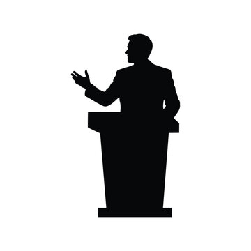 Person in a suit standing behind a podium and gesturing while delivering a speech silhouette vector flat illustration design.