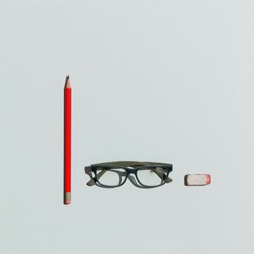 Reading glasses with a red pencil and worn eraser on a cool grey background, featuring scuffed textures for editing and proofreading services, copy space