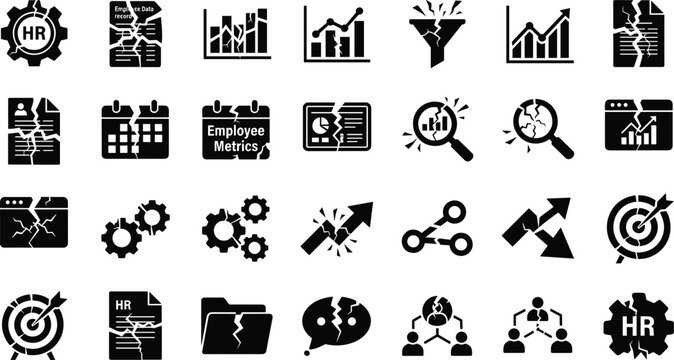 Set of broken business and hr icons representing data failure and system errors