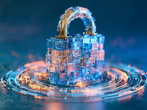 Abstract 3d render of a digital padlock made of blue cryptographic cubes
