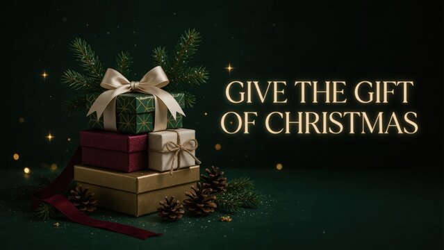 Stunning pile of wrapped Christmas gift boxes with festive pine cones and golden lights