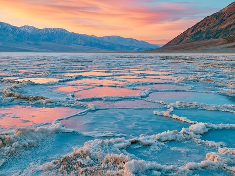 Sunset reflection on geometric salt flats with polygon crust formations
