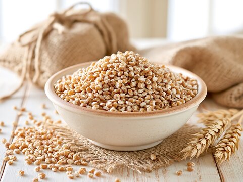 Healthy pearl barley grains in a white bowl with a burlap sack background
