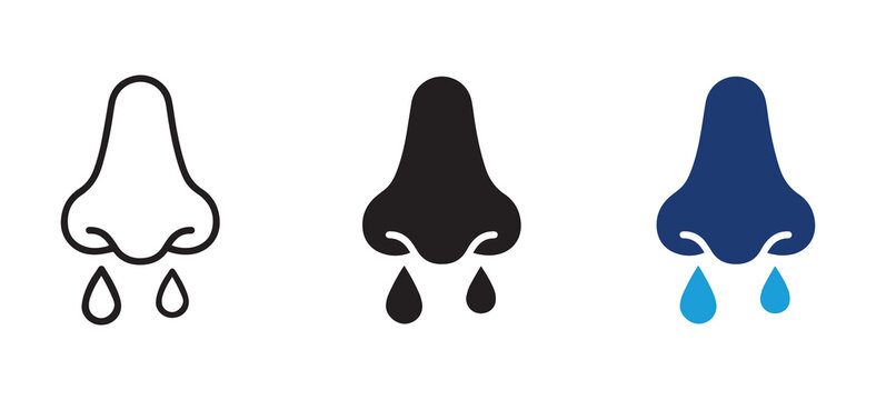 Set of human nose icons with runny nose symptoms representing cold flu allergy or sinus infection
