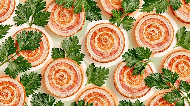 Seamless pattern of savory meat roll slices and fresh green parsley leaves
