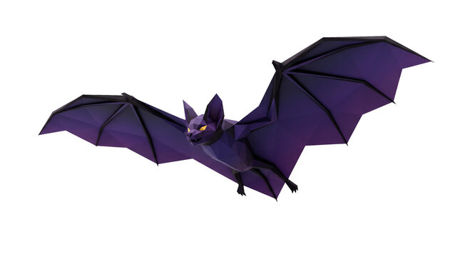 Geometric purple bat in mid flight isolated on a dark solid background