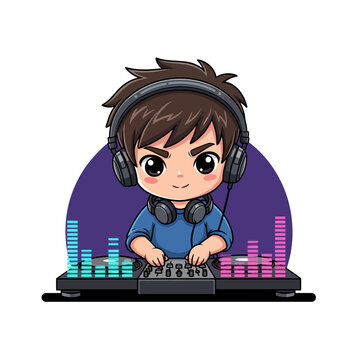 Young dj wearing headphones adjusting sound mixer