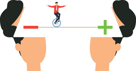 Businessman riding unicycle tightrope walking between positive negative signs representing mental balance decision making risk management © Mr Fikh 