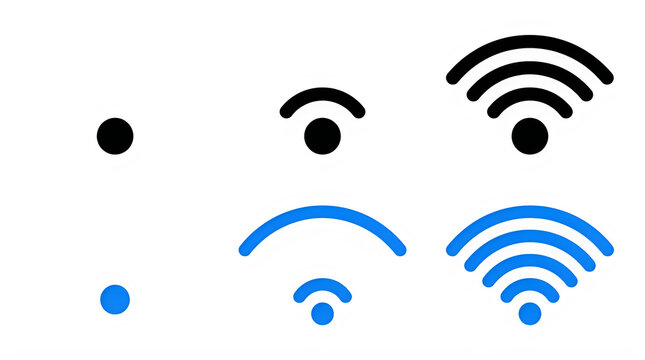 Wireless signal internet connection icon set, blue and black wifi source symbol, vector graphic for digital communication, router status, data network, and smart technology interface design