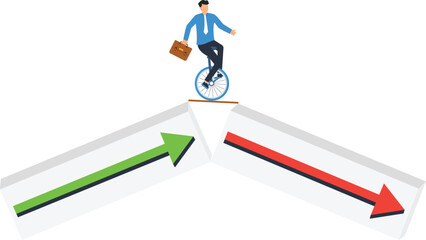 Businessman balancing unicycle riding financial challenge market uncertainty difficult decision strategic choice precarious situation corporate success growth decline © Mr Fikh 