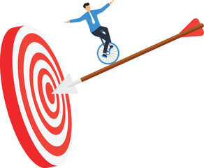 Businessman riding unicycle balancing arrow flying target aiming business strategy goal achievement corporate success risk management precise focus challenging journey © Mr Fikh 