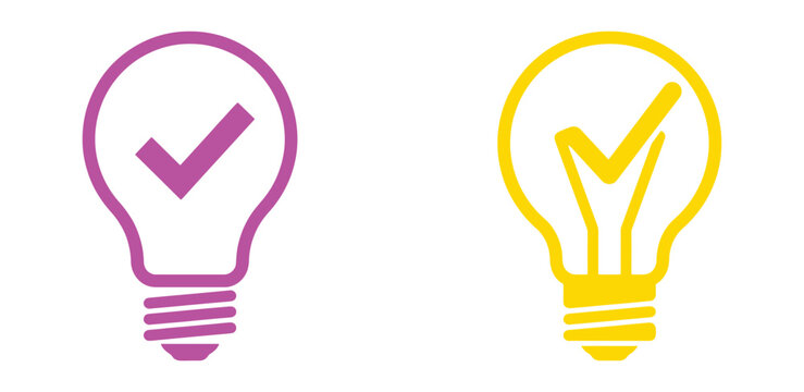 Two light bulb with check mark symbols inside, one purple and one yellow, isolated on a white background, flat